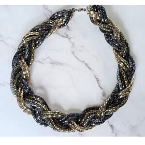 Vtg Herringbone Collar Necklace Tri Color Braided Metal 1980s